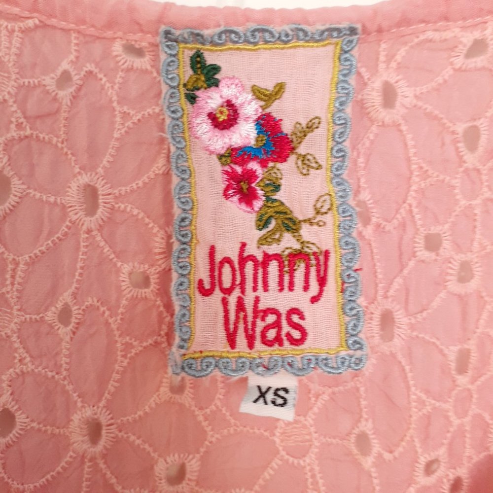 Johnny Was Short Sleeve Eyelet Rayon Top with Scoop Neck & Tie Pink Size XS - Picture 3 of 9